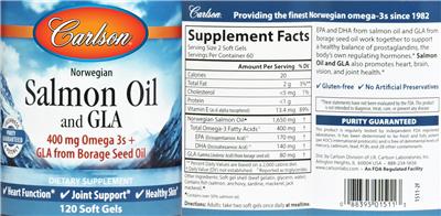 Photo of the Carlson Nowegian Salmon Oil and GLA label