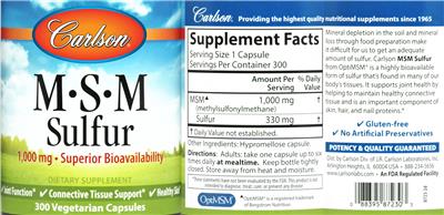 Photo of the Carlson M-S-M Sulfur 1,000 mg label