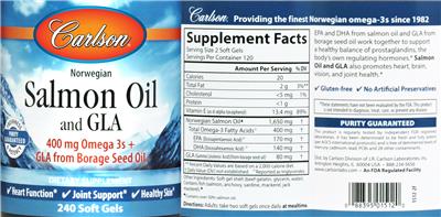 Photo of the Carlson Nowegian Salmon Oil and GLA label