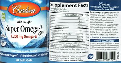 Photo of the Carlson Super Omega-3 Gems 1200 mg label