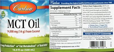 Photo of the Carlson MCT Oil 14,000 mg (14 g) label