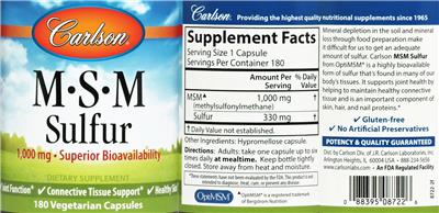 Photo of the Carlson M-S-M Sulfur 1,000 mg label
