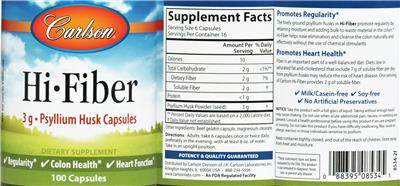 Photo of the Carlson Hi-Fiber Psyllium Husk Capsules 3 g label