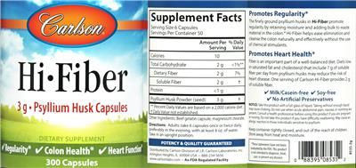 Photo of the Carlson Hi-Fiber Psyllium Husk Capsules 3 g label