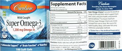 Photo of the Carlson Super Omega-3 Gems 1,200 mg label