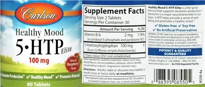 Photo of the Carlson Healthy Mood 5-HTP Elite 100 mg Natural Raspberry Flavor label