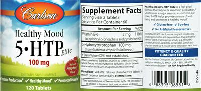 Photo of the Carlson Healthy Mood 5-HTP Elite 100 mg Natural Raspberry Flavor label