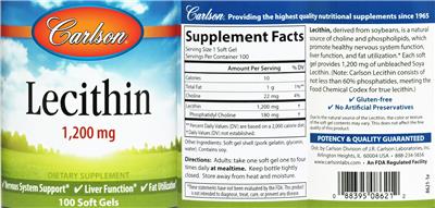 Photo of the Carlson Lecithin 1,200 mg label