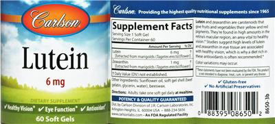 Photo of the Carlson Lutein 6 mg label