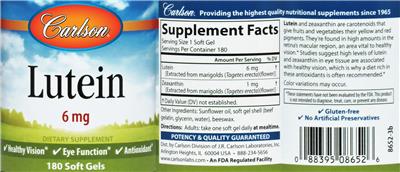 Photo of the Carlson Lutein 6 mg label