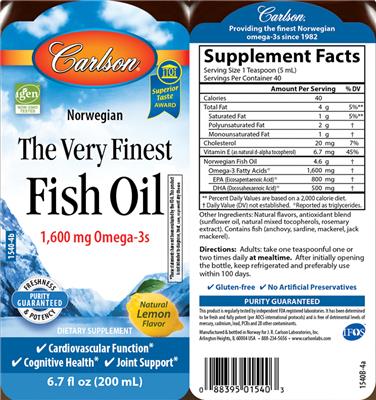 Photo of the Carlson The Very Finest Fish Oil Natural Lemon Flavor label