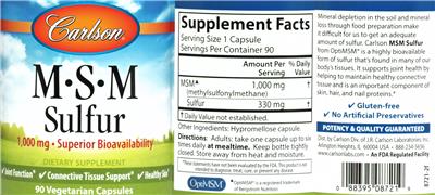 Photo of the Carlson M-S-M Sulfur 1,000 mg label