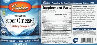 Photo of the Carlson Super Omega-3 Gems 1,200 mg label