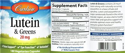 Photo of the Carlson Lutein & Greens 20 mg label