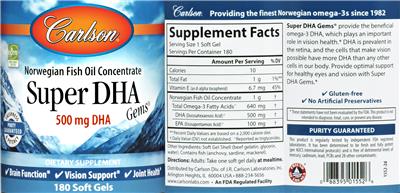 Photo of the Carlson Super DHA Gems 500 mg label
