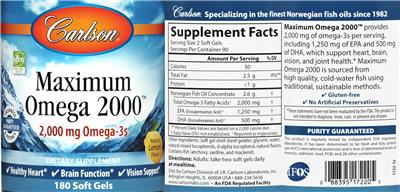 Photo of the Carlson Maximum Omega 2000 Natural Lemon Flavor label