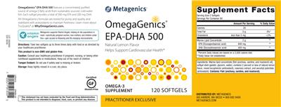 Photo of the Metagenics OmegaGenics EPA-DHA 500 EC Natural Lemon Flavor label
