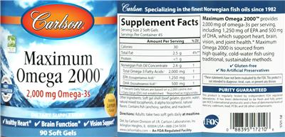 Photo of the Carlson Maximum Omega 2000 Natural Lemon Flavor label