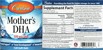 Photo of the Carlson Mother's DHA 500 mg label
