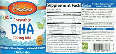 Photo of the Carlson Kid's Chewable DHA 100 mg Bursting Orange Flavor! label