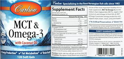 Photo of the Carlson MCT & Omega-3 label