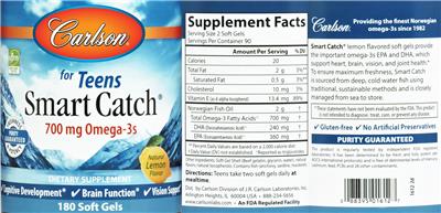 Photo of the Carlson for Teens Smart Catch Natural Lemon Flavor label