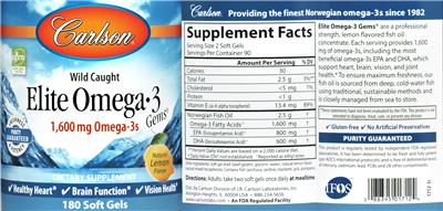 Photo of the Carlson Elite Omega-3 Gems 1,600 mg Natural Lemon Flavor label