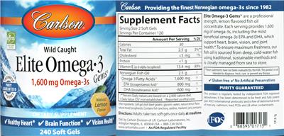 Photo of the Carlson Elite Omega-3 Gems 1,600 mg Natural Lemon Flavor label