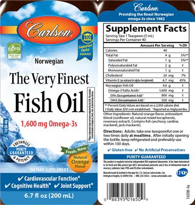 Photo of the Carlson The Very Finest Fish Oil Natural Orange Flavor label