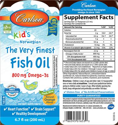 Photo of the Carlson Kid's The Very Finest Fish Oil Natural Orange Flavor label