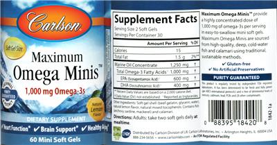 Photo of the Carlson Maximum Omega Minis Natural Lemon Flavor label
