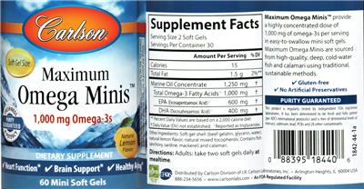 Photo of the Carlson Maximum Omega Minis Natural Lemon Flavor label