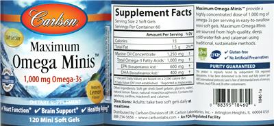 Photo of the Carlson Maximum Omega Minis Natural Lemon Flavor label