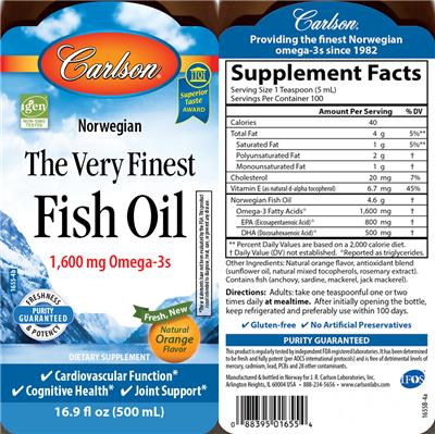 Photo of the Carlson The Very Finest Fish Oil Natural Orange Flavor label