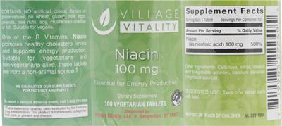 Photo of the Village Vitality Niacin 100 mg label