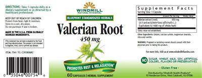Photo of the Windmill Natural Vitamins Valerian Root 450 mg label