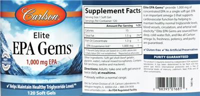 Photo of the Carlson Elite EPA Gems 1,000 mg label