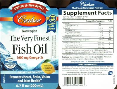 Photo of the Carlson The Very Finest Fish Oil Natural Lemon Flavor label