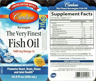 Photo of the Carlson The Very Finest Fish Oil Natural Lemon Flavor label