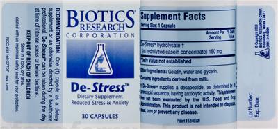 Photo of the Biotics Research Corporation De-Stress label