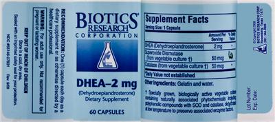 Photo of the Biotics Research Corporation DHEA-2 mg label