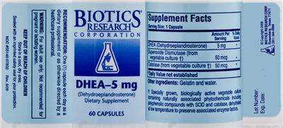 Photo of the Biotics Research Corporation DHEA-5 mg label