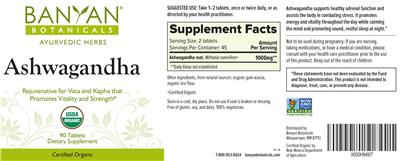 Photo of the Banyan Botanicals Ashwagandha Tablets label