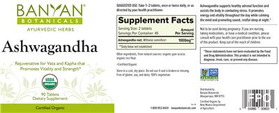 Photo of the Banyan Botanicals Ashwagandha Tablets label