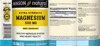 Photo of the Mason Natural Extra Strength Magnesium 500 mg label
