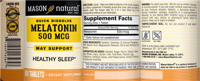 Photo of the Mason Natural Quick Dissolve Melatonin 500 mcg label