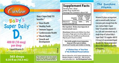 Photo of the Carlson Baby's Super Daily D3 400 IU label