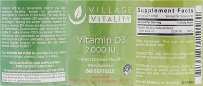 Photo of the Village Vitality Vitamin D3 2,000 IU label