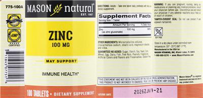 Photo of the Mason Natural Zinc 100 mg label