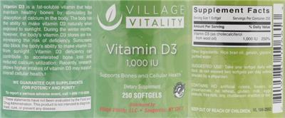 Photo of the Village Vitality Vitamin D3 1,000 IU label
